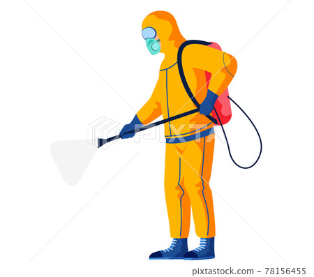 Character in protective outfit isolated on white background. Man sprays disinfectant liquid 78156455