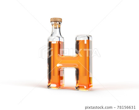 Letter H shaped bottle with whisky inside. 3d illustration Letter H shaped bottle with whisky inside. 3d illustration 78156631