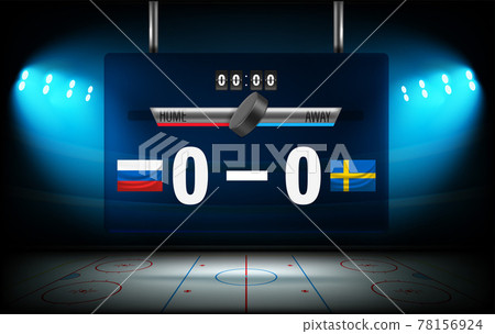 Illuminated ice hockey stadium with two teams on scoreboard. Russia versus Sweden 78156924
