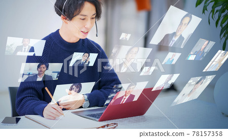 Male video conferencing telework webinar talking on video call Male video conferencing telework webinar talking on video call 78157358