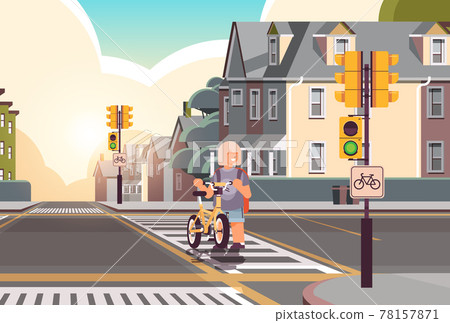 schoolgirl with bicycle crossing road on... - Stock Illustration [78157871]  - PIXTA