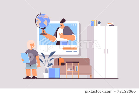 schoolgirl discussing with teacher in web browser window during video call self isolation online communication 78158060