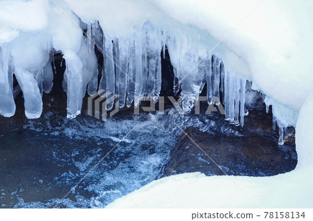 Icicles along the flow of a mountain stream Icicles along the flow of a mountain stream 78158134
