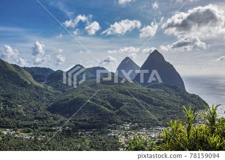View of the Pitons in the Caribbean Sea at Soufriere, St. Lucia, Lesser Antilles View of the Pitons in the Caribbean Sea at Soufriere, St. Lucia, Lesser Antilles 78159094