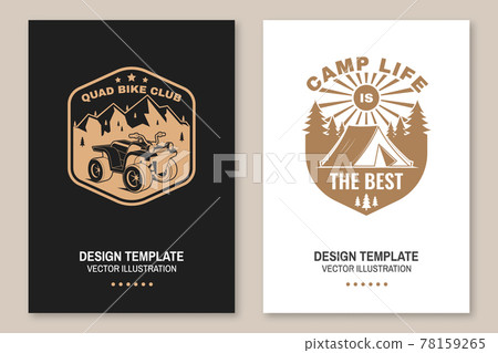Set of camping template. Vector. Flyer, brochure, banner, poster design with quad bike, tent, mountain, camper trailer and forest silhouette. 78159265