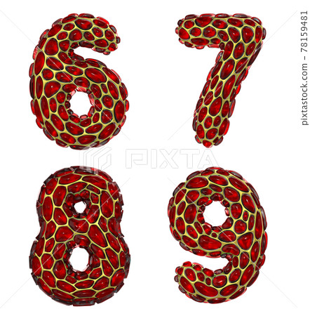Number set 6, 7, 8, 9 made of realistic 3d render golden shining metallic. Collection of gold shining metallic with red color glass symbol 78159481