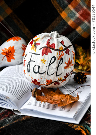 Beautiful painted autumn pumpkins. FALL writing on pumpkin. Autumn harvest. DIY. Autumn leaves season sweater cozy. Book 78159544