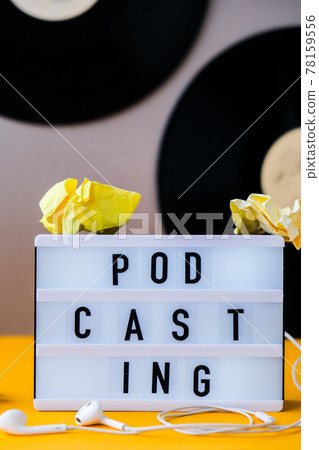 Podcasting lettering and vinyl record albums, headphones, crumpled paper in minimalistic isometric style. Trendy colors. Grey and yellow. Millenial. Blogger, podcaster. Retro style Podcasting lettering and vinyl record albums, headphones, crumpled paper in minimalistic isometric style. Trendy colors. Grey and yellow. Millenial. Blogger, podcaster. Retro style 78159556