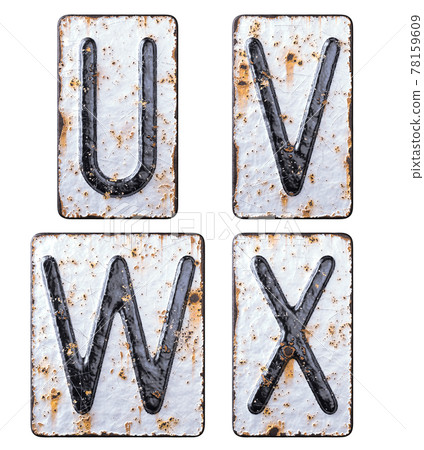 3D render set of capital letters U, V, W, X made of forged metal on the background fragment of a metal surface with cracked rust. 78159609