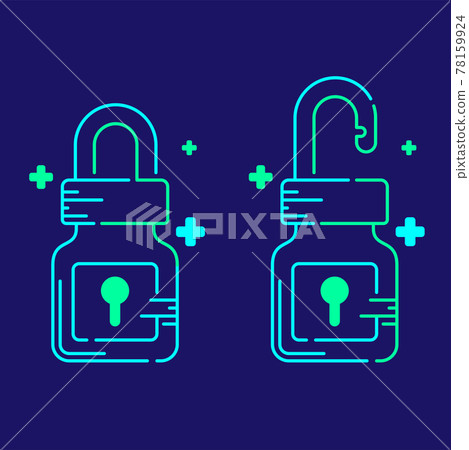 Logo covid-19 vaccine lock bottle keyhole with cross icon, Vaccination Campaign problem exit concept design illustration blue, green color isolated on dark blue background 78159924