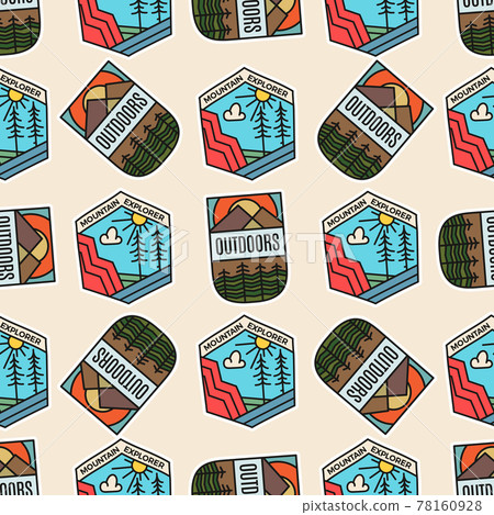 Camping adventure seamless pattern with outdoor explorer stickers and mountain explorer symbols icons. Stock unusual background wallpaper Camping adventure seamless pattern with outdoor explorer stickers and mountain explorer symbols icons. Stock unusual background wallpaper 78160928