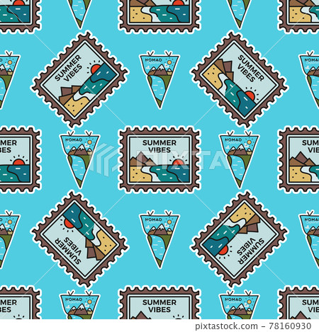 Camping adventure seamless pattern with outdoor explorer stickers and summer beach symbols icons. Stock unusual background wallpaper Camping adventure seamless pattern with outdoor explorer stickers and summer beach symbols icons. Stock unusual background wallpaper 78160930