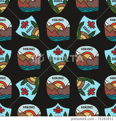 Camping adventure badges pattern. Outdoor hiking seamless background with mountains scenes, scouts. Stock vector labels texture 78160931