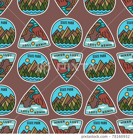 Camping adventure badges pattern. Outdoor hiking seamless background with mountains scenes, river. Stock vector labels texture Camping adventure badges pattern. Outdoor hiking seamless background with mountains scenes, river. Stock vector labels texture 78160932