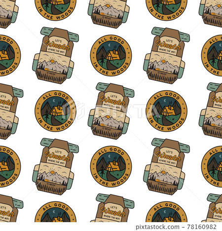 Camping badges pattern. Adventure seamless background. Stock texture Camping badges pattern. Adventure seamless background. Stock texture 78160982