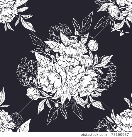 seamless black and white pattern with peonies and leaves 78160987