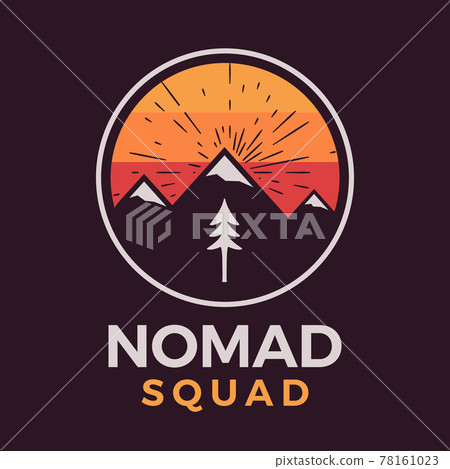 Nomad squad logo, retro camping adventure emblem design with mountains and tree. Unusual vintage art retro style sticker. Stock patch Nomad squad logo, retro camping adventure emblem design with mountains and tree. Unusual vintage art retro style sticker. Stock patch 78161023