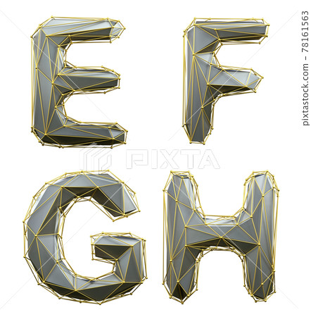 Letter set E, F, G, H made of realistic 3d render silver color. Collection of gold low polly style 78161563