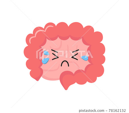 Kawaii character of small and large human intestine. Unhealthy cry gut character. Bowel diseases - SIBO, leaky gut syndrome, cancer or candida growth. Vector illustration isolated on white background 78162132