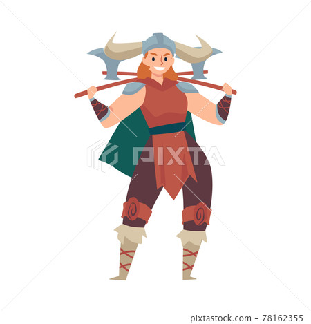 Viking woman warrior armed with axes, flat vector illustration isolated. 78162355
