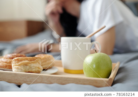 Wooden tray with breakfast Wooden tray with breakfast 78163214