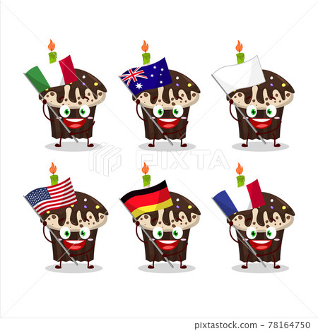 Birthday muffin cartoon character bring the flags of various countries Birthday muffin cartoon character bring the flags of various countries 78164750