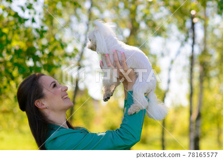 Young woman with her dog. Puppy white dog is running with it's owner. Concept about friendship, animal and freedom. 78165577