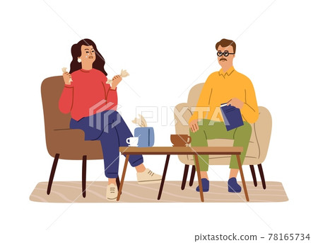 Female crying at psychotherapist. Depression, therapy support. Woman need professional help psychotherapy. Problems and tired, sadness vector concept 78165734