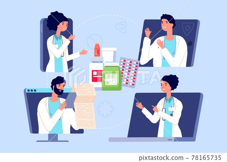 Doctors video call. Online doctor conference about medications. Medical staff in gadgets and drugs. Telemedicine, healthcare web meeting vector concept 78165735