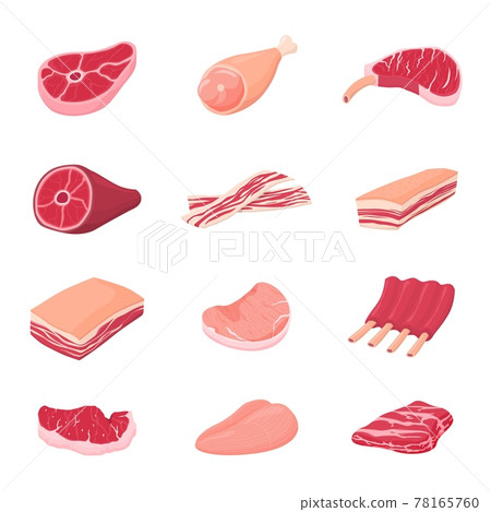 Meat products. Fresh tasty meats, isolated raw beef pork ribs. Chicken fillet, lunch dinner food. Sirloins pieces, butchery market recent vector set Meat products. Fresh tasty meats, isolated raw beef pork ribs. Chicken fillet, lunch dinner food. Sirloins pieces, butchery market recent vector set 78165760
