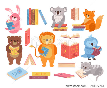 Cute animals with books. Animal read, book stacks. School study characters, bird rabbit bear in library. Children education exact vector set 78165761