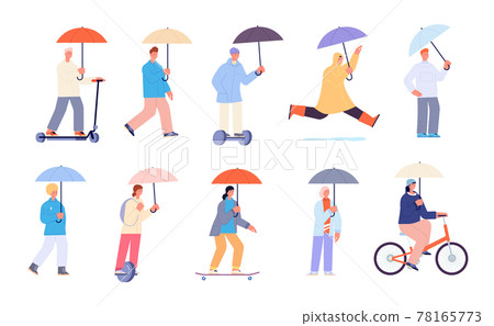 Rainy day characters. Raincoat and umbrella for people. Worker on bike, cute persons hold umbrellas. Autumn weather outdoor walk utter vector set Rainy day characters. Raincoat and umbrella for people. Worker on bike, cute persons hold umbrellas. Autumn weather outdoor walk utter vector set 78165773