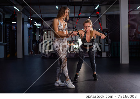 Women Doing Push Ups Training Arms With Trx Straps. Personal training. A female trainer in the gym for circular training monitors the correct implementation of loop exercises. Women Doing Push Ups Training Arms With Trx Straps. Personal training. A female trainer in the gym for circular training monitors the correct implementation of loop exercises. 78166008