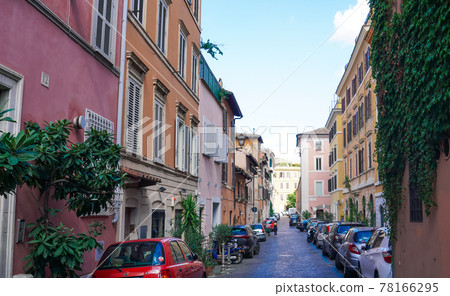 Rome street corner, Trastevere district (downtown, alley, back alley, back alley, cobblestone) 78166295