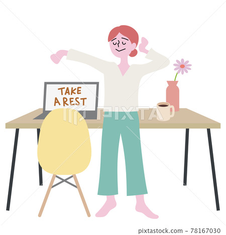Illustration of a woman who stretches and takes a breather while working from home 78167030