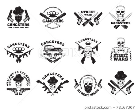 Bandits labels. Mafia stylized monochrome badges hooligans recent vector symbols collection set Bandits labels. Mafia stylized monochrome badges hooligans recent vector symbols collection set 78167307