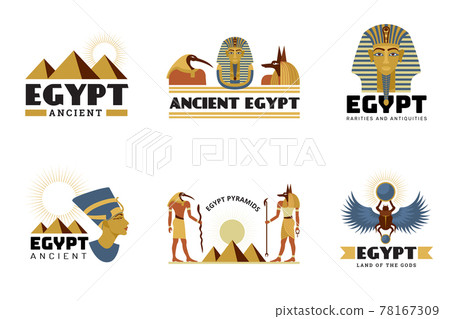 Egypt stickers. Ancient monuments sphinx statue pyramid desert travel symbols recent vector stylized labels Egypt stickers. Ancient monuments sphinx statue pyramid desert travel symbols recent vector stylized labels 78167309