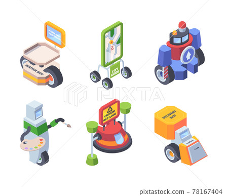 Robot profession. Androids workers doctors artists postman smart helpers for people support application bot personal comunication garish vector isometric illustrations Robot profession. Androids workers doctors artists postman smart helpers for people support application bot personal comunication garish vector isometric illustrations 78167404