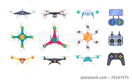 Air helicopters. Delivery drones with camera aerial outdoor photography smart aircraft systems garish vector flat pictures set Air helicopters. Delivery drones with camera aerial outdoor photography smart aircraft systems garish vector flat pictures set 78167475