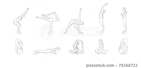 Hatha yoga poses set. Yogi woman in different asanas. Vector illustration 78168722