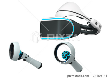 Virtual reality glasses and controllers for online gaming on white background 78169181