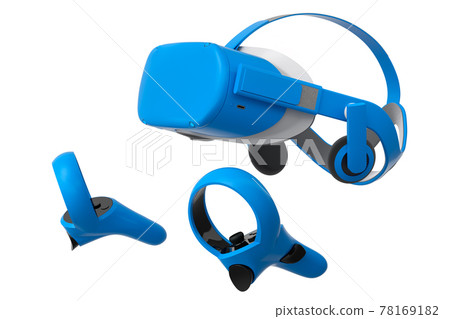 Virtual reality glasses and controllers for online gaming on white background 78169182