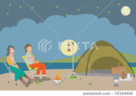 Women watching the stars with friends at a lakeside camp at night 78169406