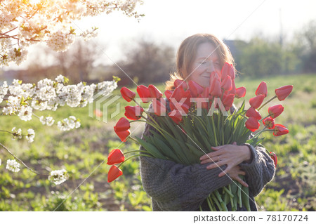 girl with a huge bouquet of red tulips girl with a huge bouquet of red tulips 78170724