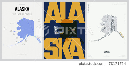 49 of 50 sets, US State Posters with name and Information in 3 Design Styles, Detailed vector art print Alaska map 49 of 50 sets, US State Posters with name and Information in 3 Design Styles, Detailed vector art print Alaska map 78171734