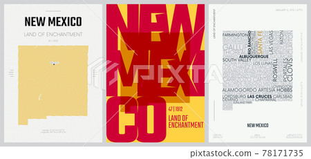 47 of 50 sets, US State Posters with name and Information in 3 Design Styles, Detailed vector art print New Mexico map 78171735