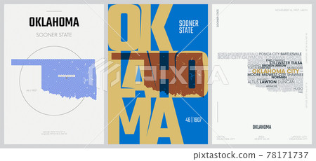 46 of 50 sets, US State Posters with name and Information in 3 Design Styles, Detailed vector art print Oklahoma map 78171737