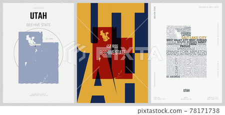 45 of 50 sets, US State Posters with name and Information in 3 Design Styles, Detailed vector art print Utah map 45 of 50 sets, US State Posters with name and Information in 3 Design Styles, Detailed vector art print Utah map 78171738