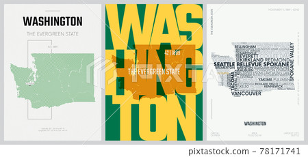 42 of 50 sets, US State Posters with name and Information in 3 Design Styles, Detailed vector art print Washington map 78171741