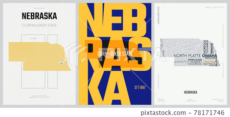 37 of 50 sets, US State Posters with name and Information in 3 Design Styles, Detailed vector art print Nebraska map 78171746